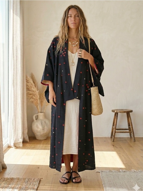 Other - Authentic Vintage Japanese Black & Red Tsumugi Silk Shibori Kimono Robe Jacket